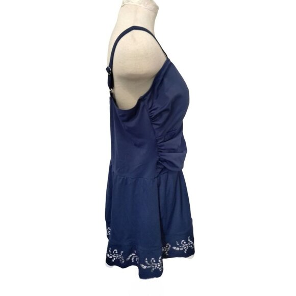 Denim & Co. Blue Ruching Swimdress Laser-Cut Hem Adjustable Straps Size 18W - Picture 6 of 9